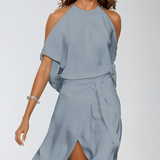 Halter Midi Dress with Cape Sleeve and Wrap Skirt