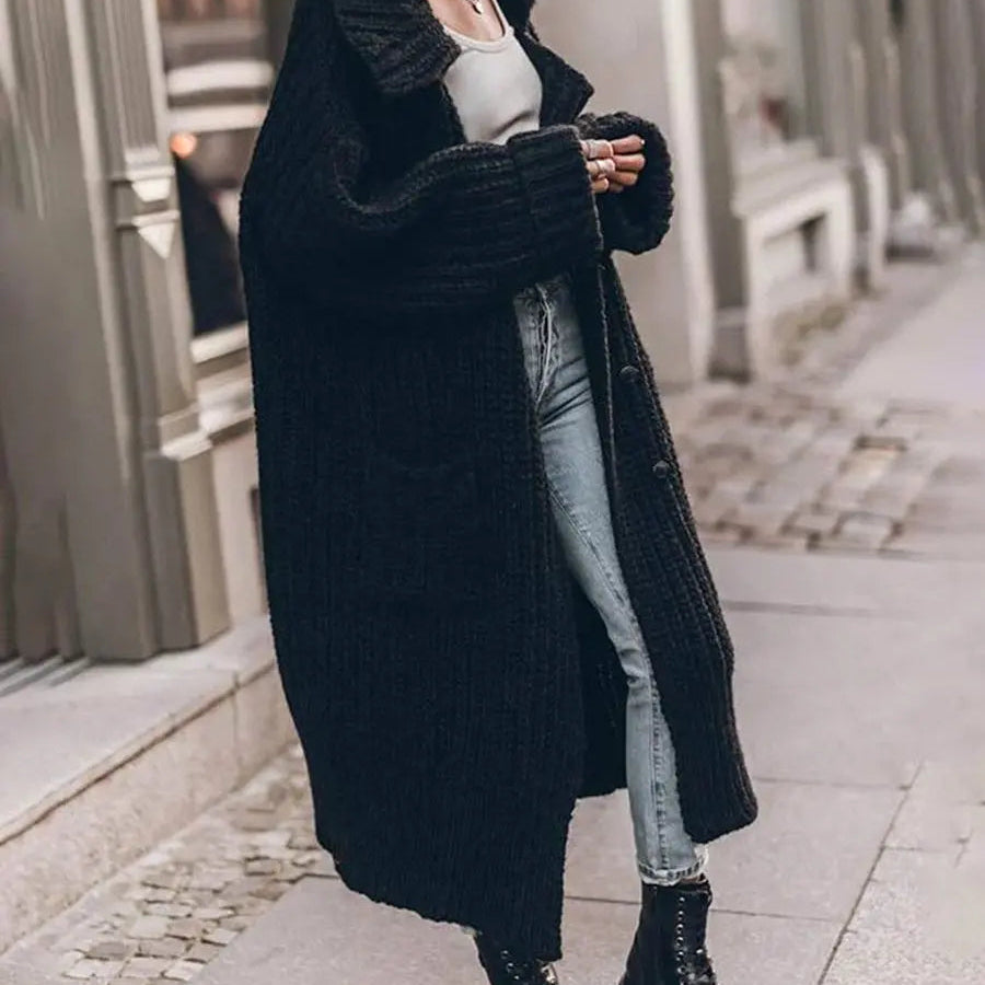 Oversized Longline Cardigan with Chunky Knit and Lapel Collar