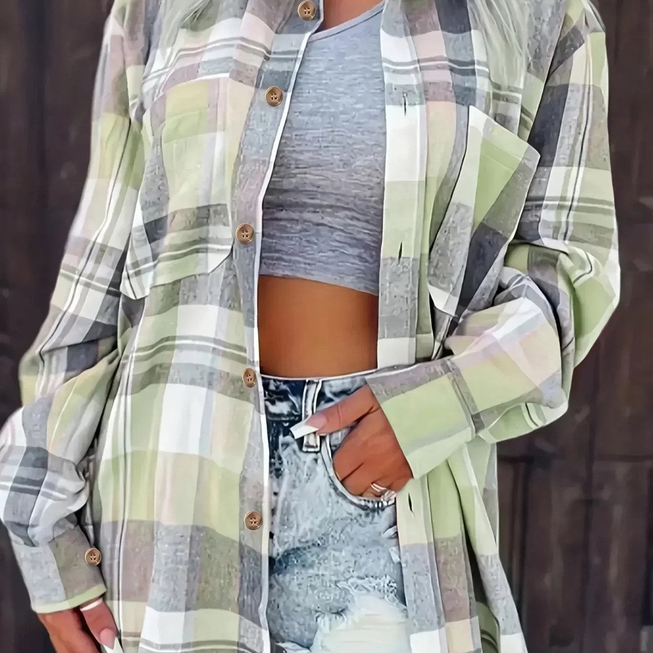 Plaid Button-Front Shirt Cardigan with Chest Pockets