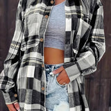 Plaid Button-Front Shirt Cardigan with Chest Pockets
