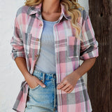 Plaid Button-Front Shirt Cardigan with Chest Pockets