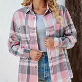 Plaid Button-Front Shirt Cardigan with Chest Pockets