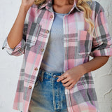 Plaid Button-Front Shirt Cardigan with Chest Pockets