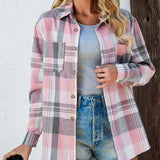 Plaid Button-Front Shirt Cardigan with Chest Pockets