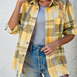 Plaid Button-Front Shirt Cardigan with Chest Pockets