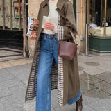Women's Long Coat with Wide Lapels and Checked Trim for Office Wear