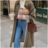 Women's Long Coat with Wide Lapels and Checked Trim for Office Wear