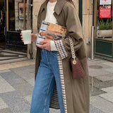 Women's Long Coat with Wide Lapels and Checked Trim for Office Wear
