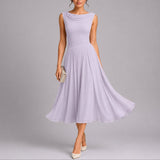 Draped Neck Pleated Chiffon Midi Dress