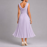 Draped Neck Pleated Chiffon Midi Dress