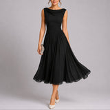 Draped Neck Pleated Chiffon Midi Dress