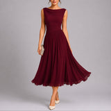 Draped Neck Pleated Chiffon Midi Dress