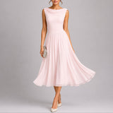 Draped Neck Pleated Chiffon Midi Dress