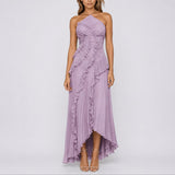 Pleated Halter Maxi Dress with Ruffle Trim