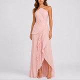 Pleated Halter Maxi Dress with Ruffle Trim