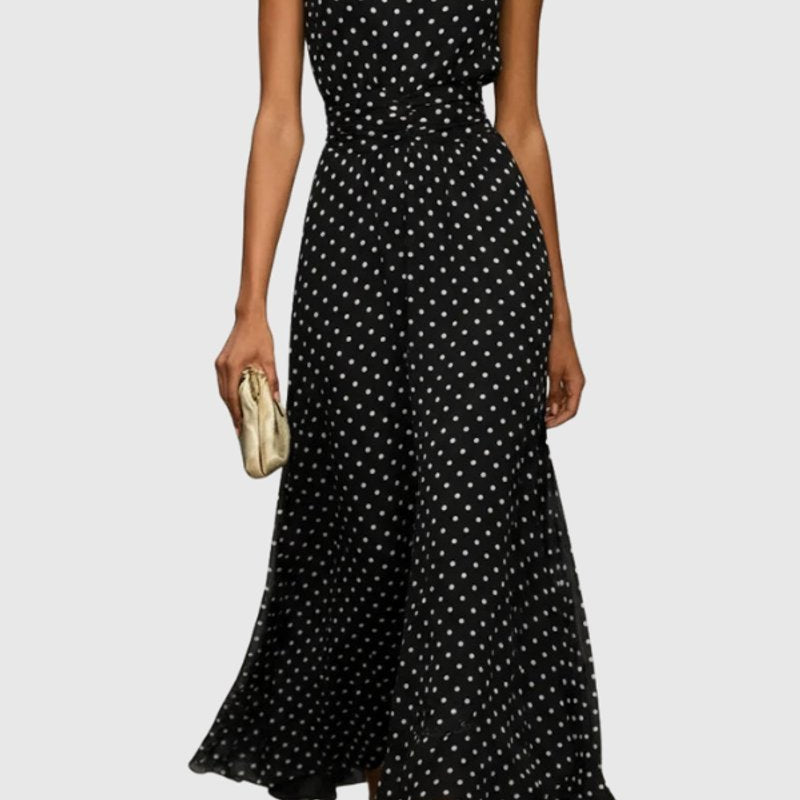 Polka Dot A-Line Maxi Dress with Ruched Waist and Round Neck