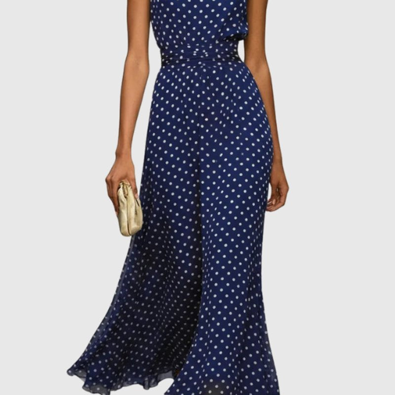 Polka Dot A-Line Maxi Dress with Ruched Waist and Round Neck