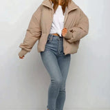 Quilted Puffer Jacket with High Collar and Zip Front