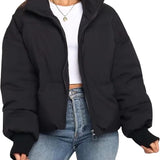 Quilted Puffer Jacket with High Collar and Zip Front