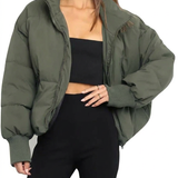 Quilted Puffer Jacket with High Collar and Zip Front