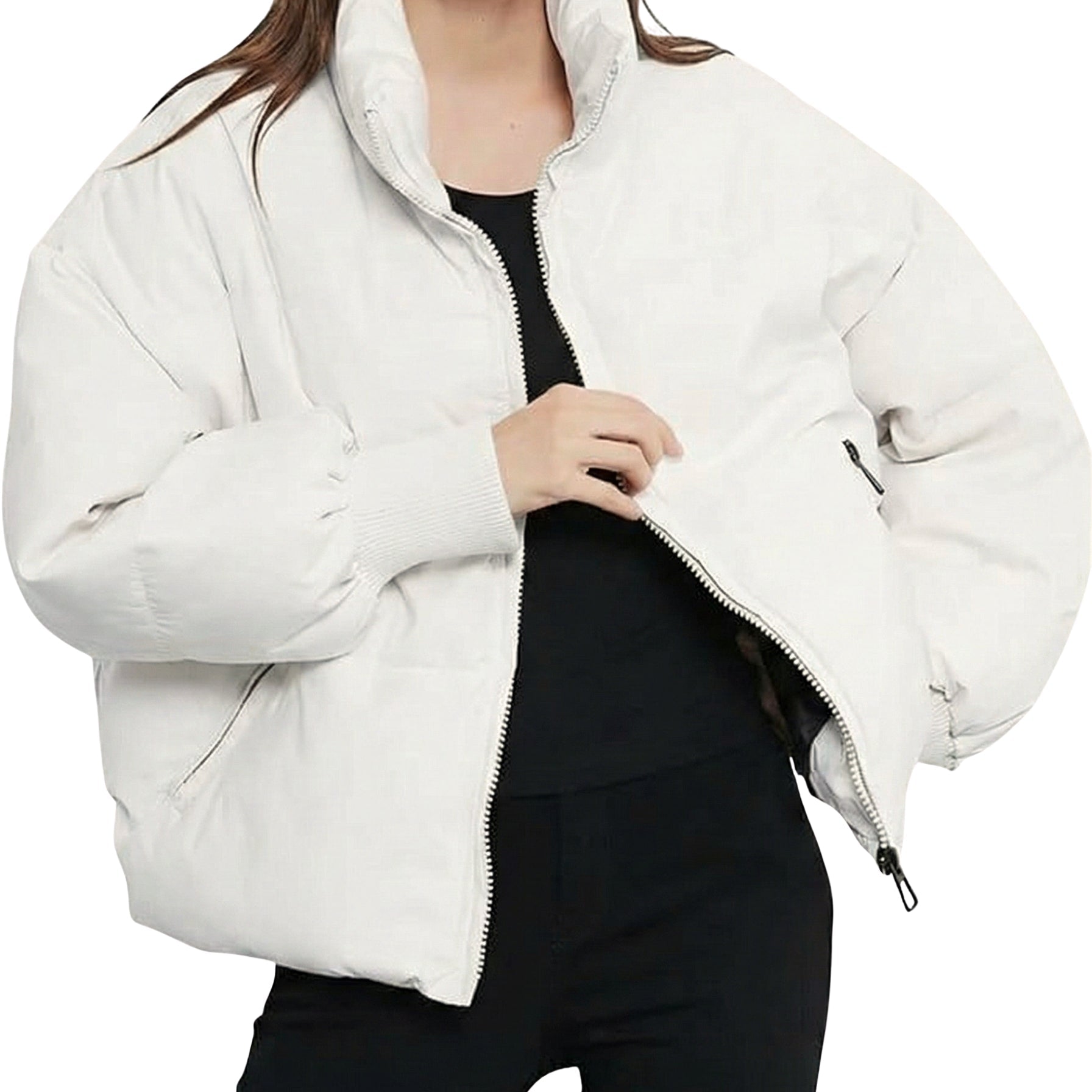 Quilted Puffer Jacket with High Collar and Zip Front