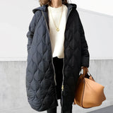 Women's Long Quilted Coat with Hood and Front Zipper for Winter