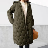 Women's Long Quilted Coat with Hood and Front Zipper for Winter
