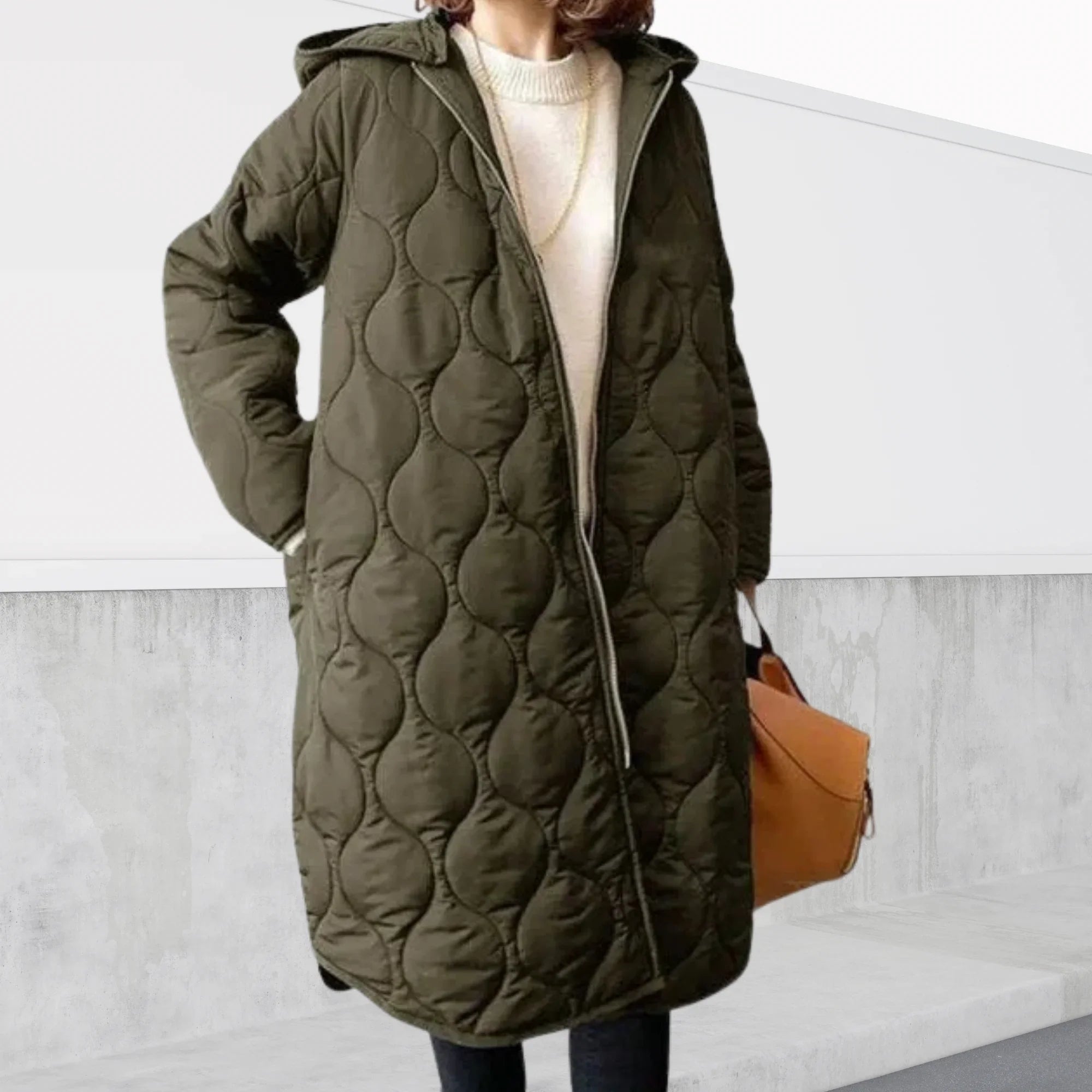 Women's Long Quilted Coat with Hood and Front Zipper for Winter