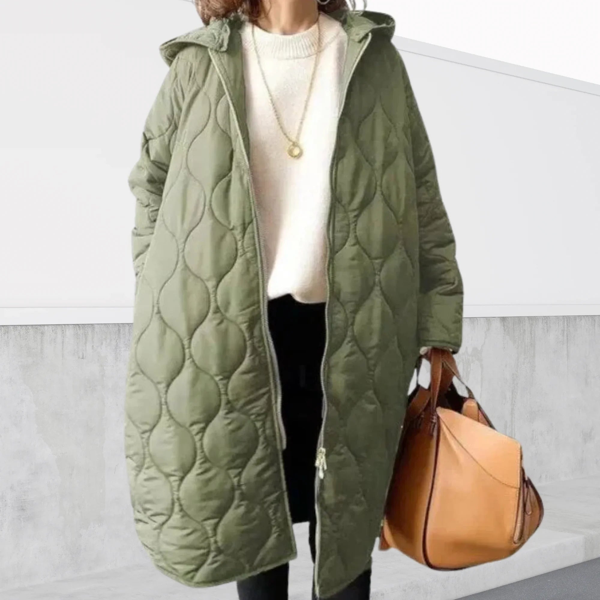 Women's Long Quilted Coat with Hood and Front Zipper for Winter