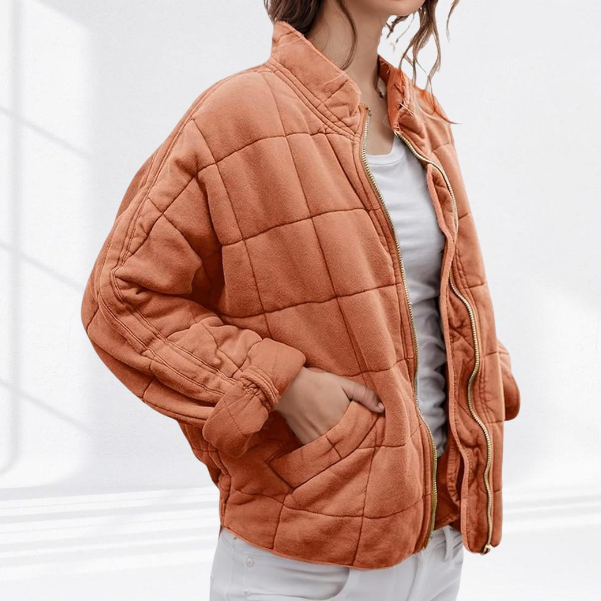 Quilted Zip-Up Jacket with Stand Collar