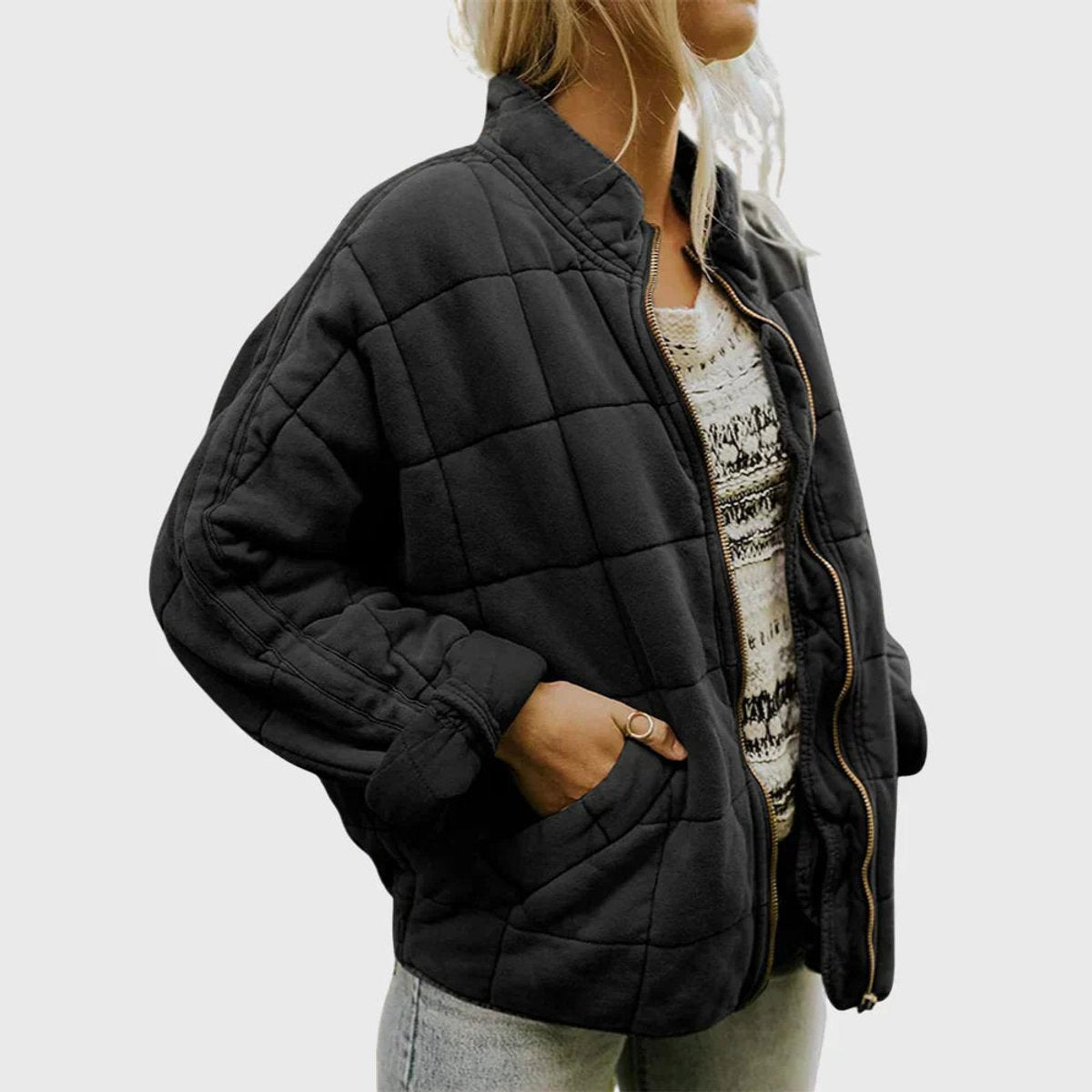 Quilted Zip-Up Jacket with Stand Collar