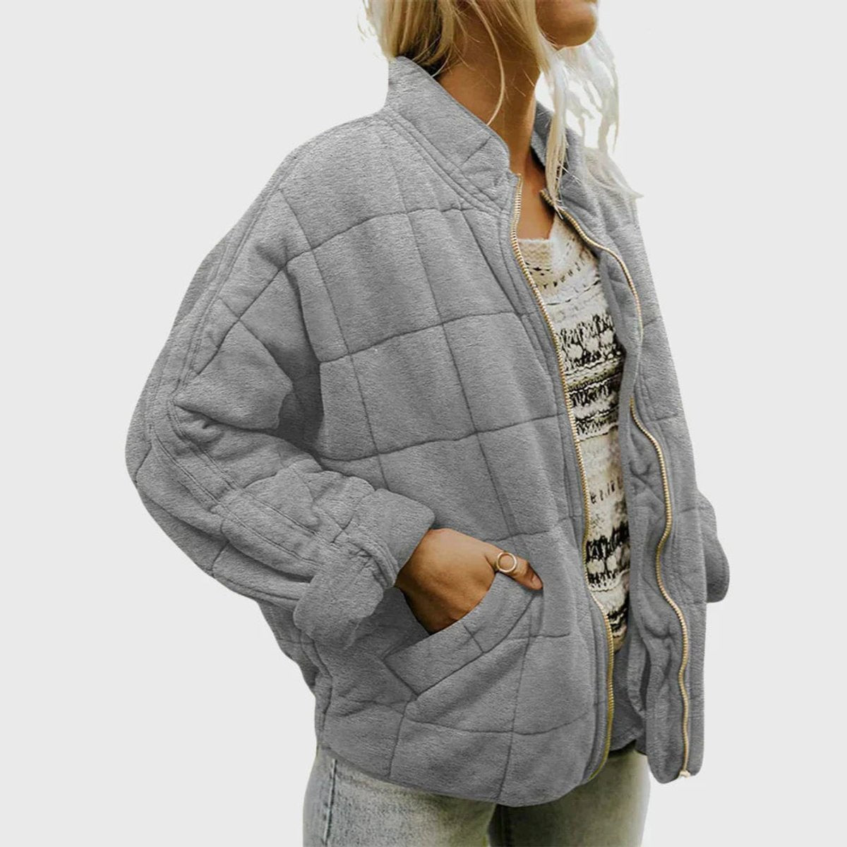 Quilted Zip-Up Jacket with Stand Collar