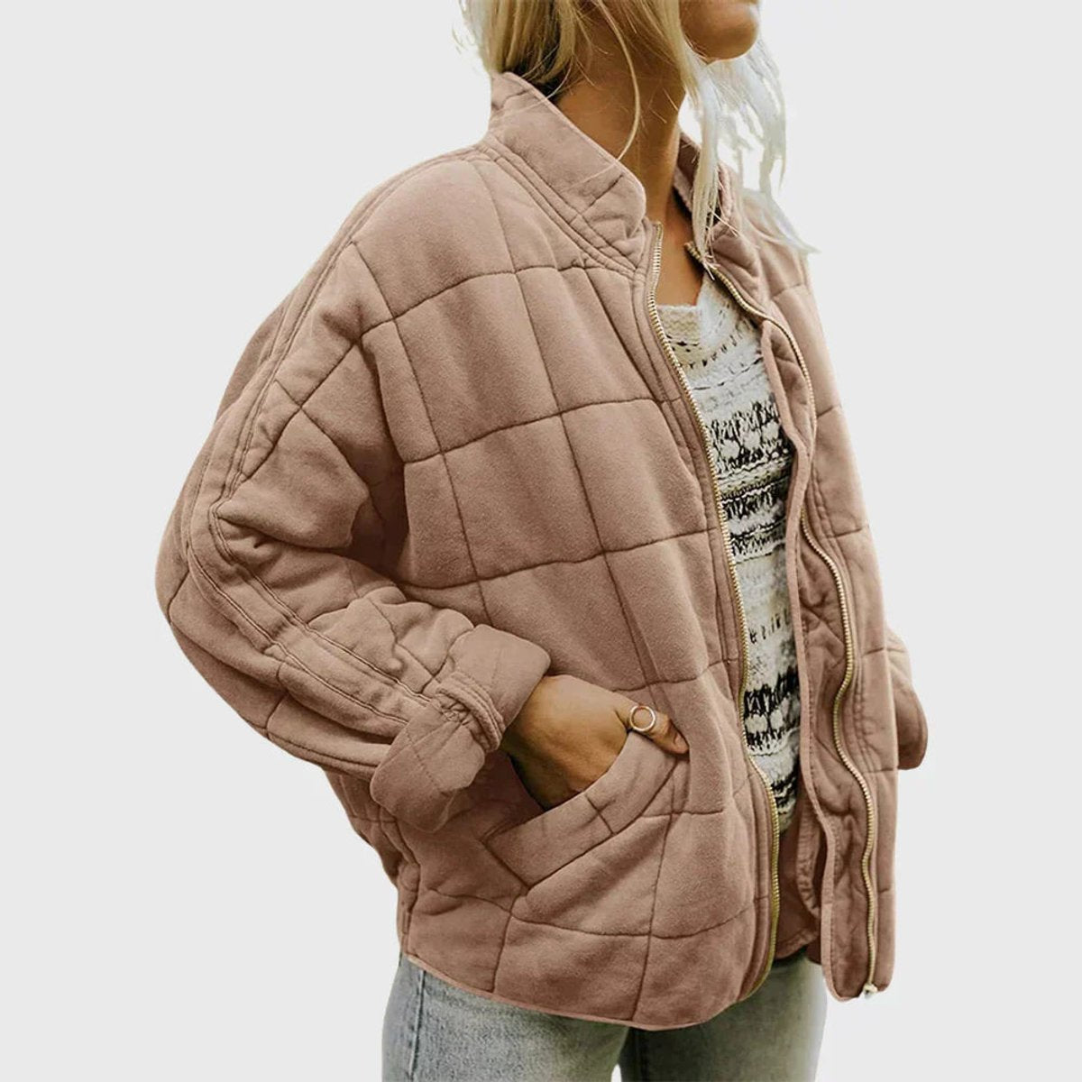 Quilted Zip-Up Jacket with Stand Collar
