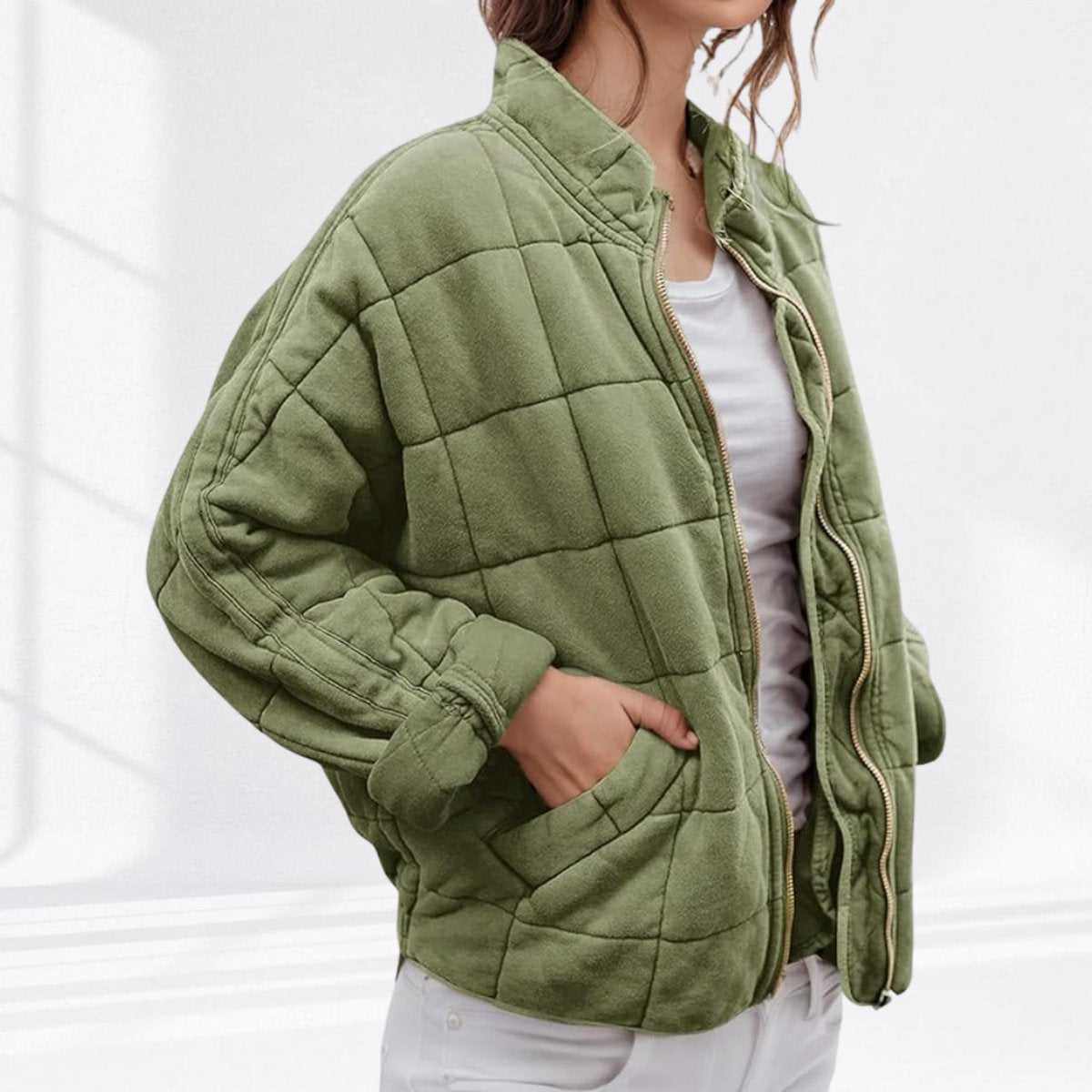 Quilted Zip-Up Jacket with Stand Collar