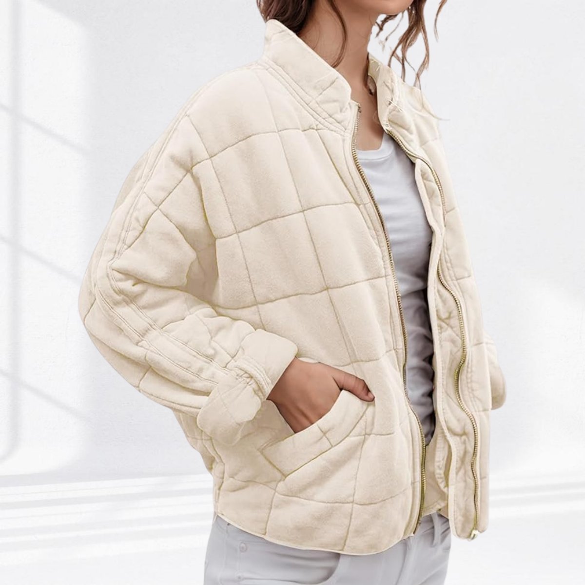 Quilted Zip-Up Jacket with Stand Collar