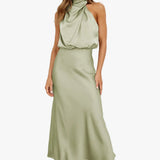 Satin Draped Halter Neck Midi Dress