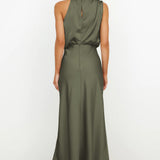 Satin Draped Halter Neck Midi Dress