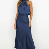 Satin Draped Halter Neck Midi Dress