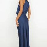 Satin Draped Halter Neck Midi Dress