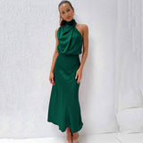 Satin Draped Halter Neck Midi Dress