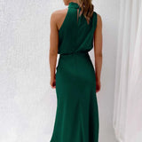 Satin Draped Halter Neck Midi Dress