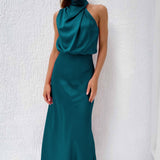 Satin Draped Halter Neck Midi Dress