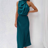 Satin Draped Halter Neck Midi Dress