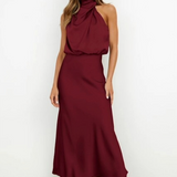 Satin Draped Halter Neck Midi Dress