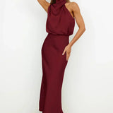 Satin Draped Halter Neck Midi Dress