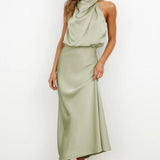 Satin Draped Halter Neck Midi Dress