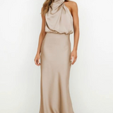 Satin Draped Halter Neck Midi Dress