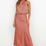 Satin Draped Halter Neck Midi Dress