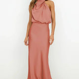 Satin Draped Halter Neck Midi Dress