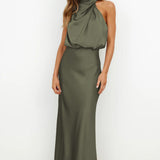 Satin Draped Halter Neck Midi Dress